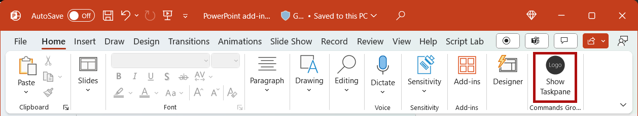 显示 PowerPoint 中主功能区上突出显示“显示任务窗格”按钮。