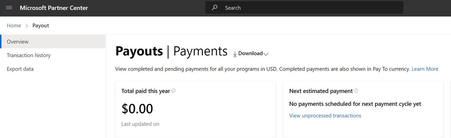 Screenshot showing the Payouts workspace overview.