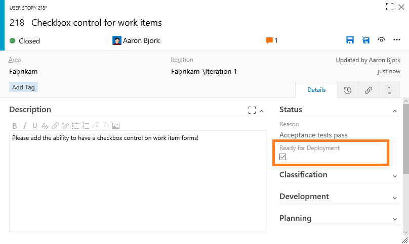 Checkbox control added to a work item