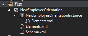 含有子 NewEmployeeOrientation 模板的列表文件夹，其本身具有三个子文件；NewEmployeeOrientationInstance、elements.xml 文件和 schema.xml 文件。该实例本身具有名为 elements.xml 的子文件。