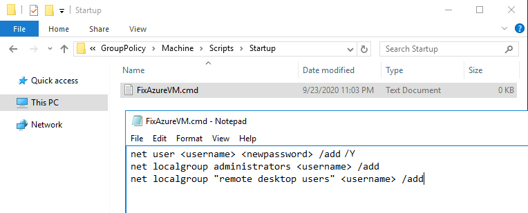屏幕截图显示新创建的 FixAzureVM.cmd 文件，可在其中更新用户名和密码。