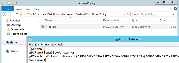 屏幕截图显示了对经典 VM 的 gpt.ini 文件进行的更新。