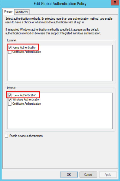 Screenshot to verify that Forms Authentication is checked both in the Extranet and Intranet sections.