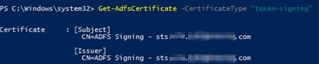 运行 Get-ADFSCerticate cmdlet 证书类型令牌签名。