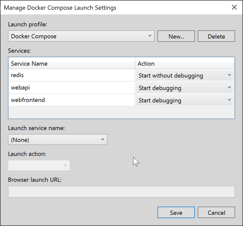 Screenshot of Manage Docker Compose Launch Settings dialog box.