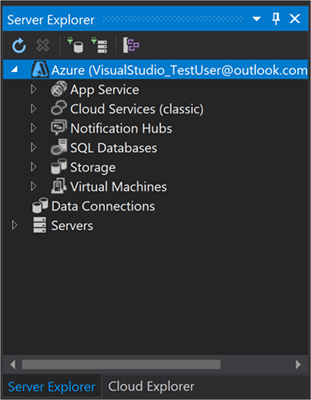 Server Explorer with Azure node expanded