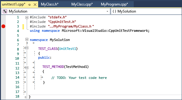 Screenshot of the Test Explorer window that shows the unittest1.cpp code file containing a stub class and method using the TEST_CLASS and TEST_METHOD macros.