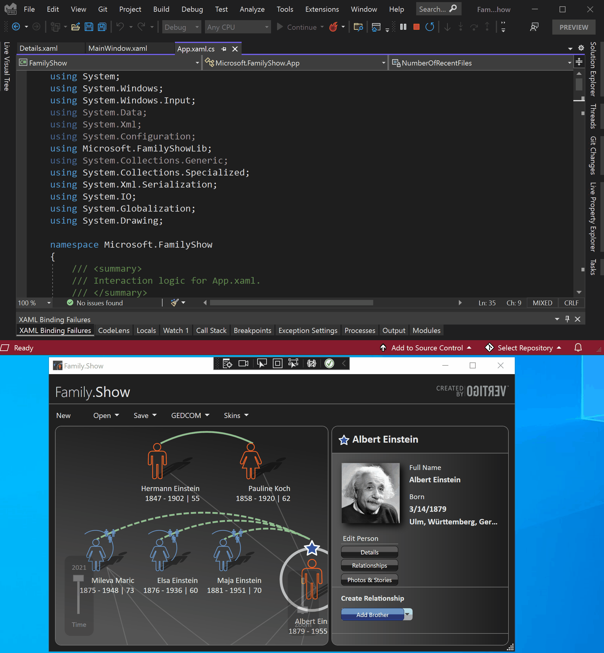 打开源代码并使用 XAML 热重载更改 UI 元素的实时可视化树的动画。
