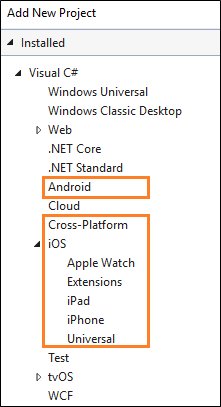 “添加新项目”对话框的屏幕截图，其中显示了“已安装 > 的 Visual C”已选中，并已调出“Android”、“跨平台”和“i OS”选项。