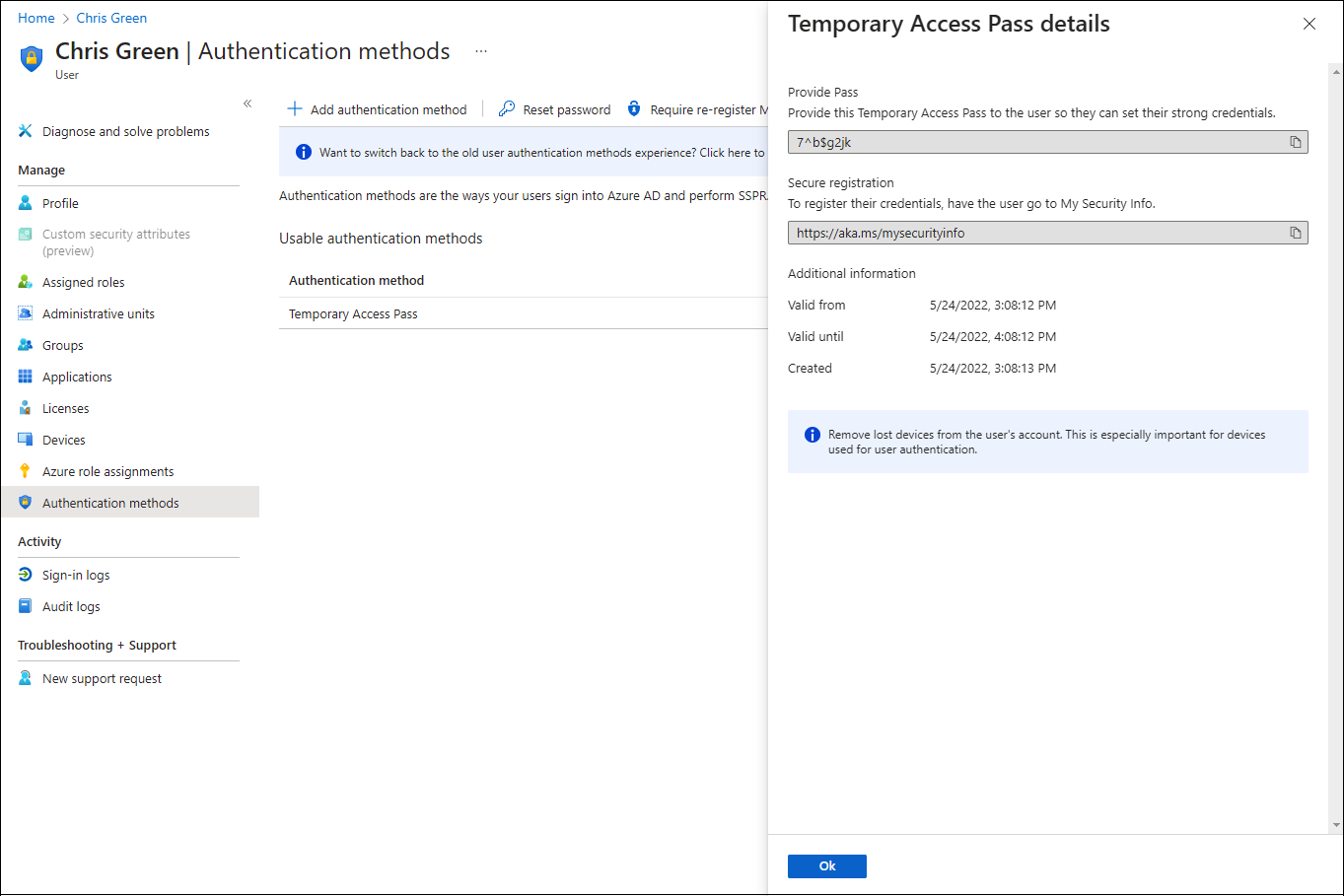 Screenshot of Temporary Access Pass details