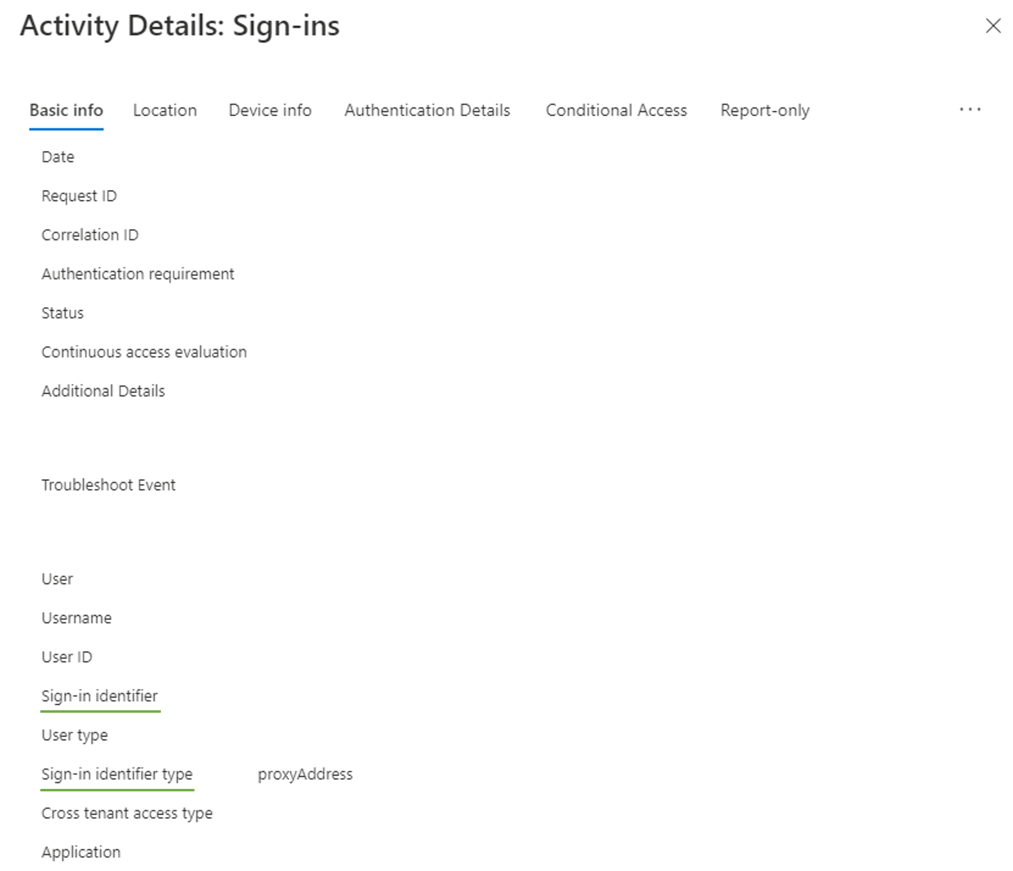 Screenshot of Azure A D sign-in logs showing email as alternate login I D activity.