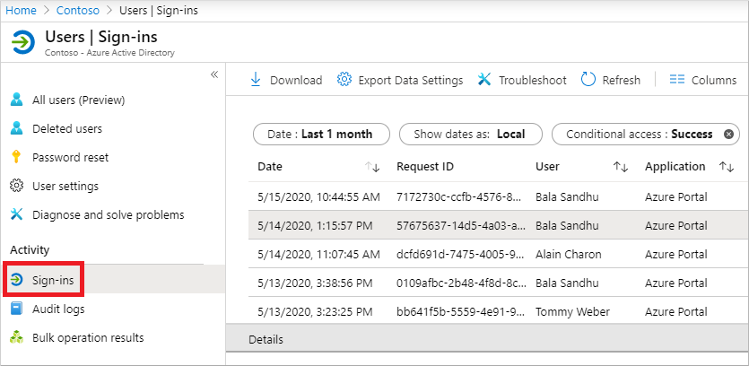 Screenshot of example Azure Active Directory sign-ins report in the Azure portal