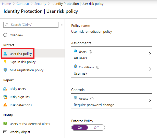 Screenshot of how to enable the user risk policy in the Azure portal