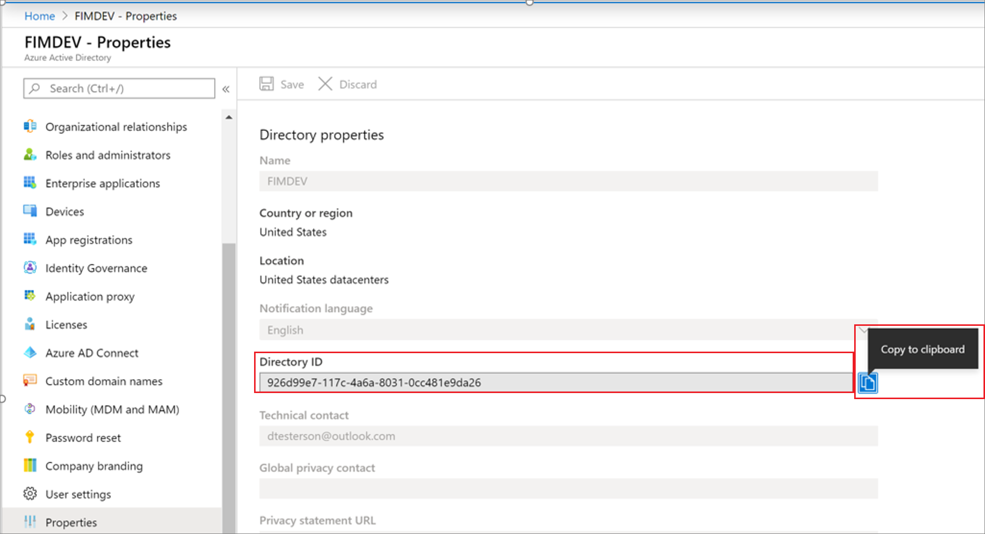 Find the organization ID in the properties for the Azure AD organization