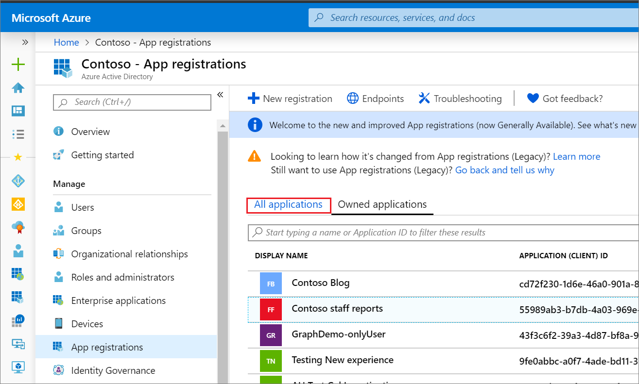 Create or edit app registrations from the App registrations page
