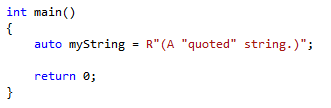 顯示程式程式碼現在已讀取的螢幕擷取畫面：auto myString = R「 (A 」quoted「 string.) 」 內部引號不再逸出。