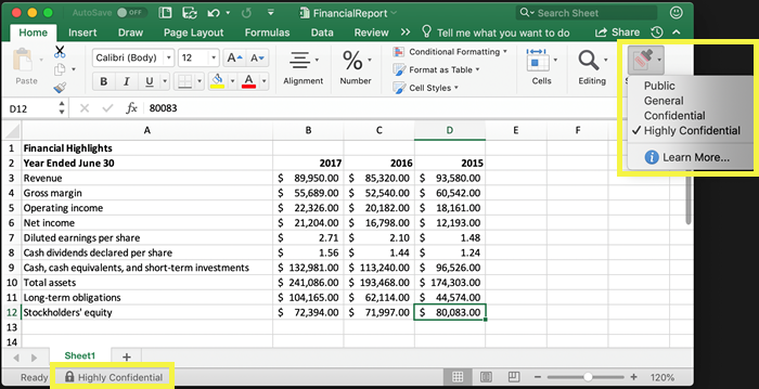Excel 功能區和狀態列上的敏感度標籤。