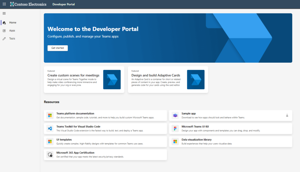 Screenshot showing the home page of the Developer Portal for Teams.