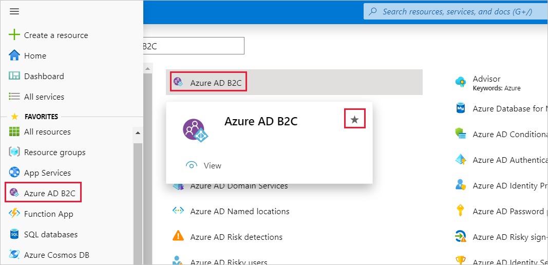 Azure AD B2C, Favorites menu, Microsoft Azure portal