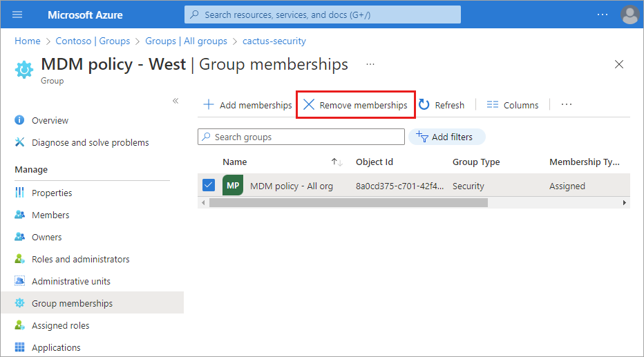 [群組成員資格] 頁面的螢幕快照，其中顯示已醒目提示 [移除成員資格] 選項的成員和群組詳細數據。