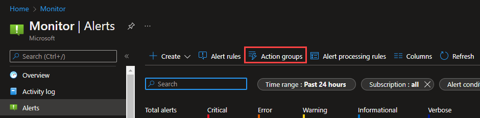 具有動作群組按鈕醒目提示 Azure 入口網站 中 [警示] 頁面的螢幕快照。
