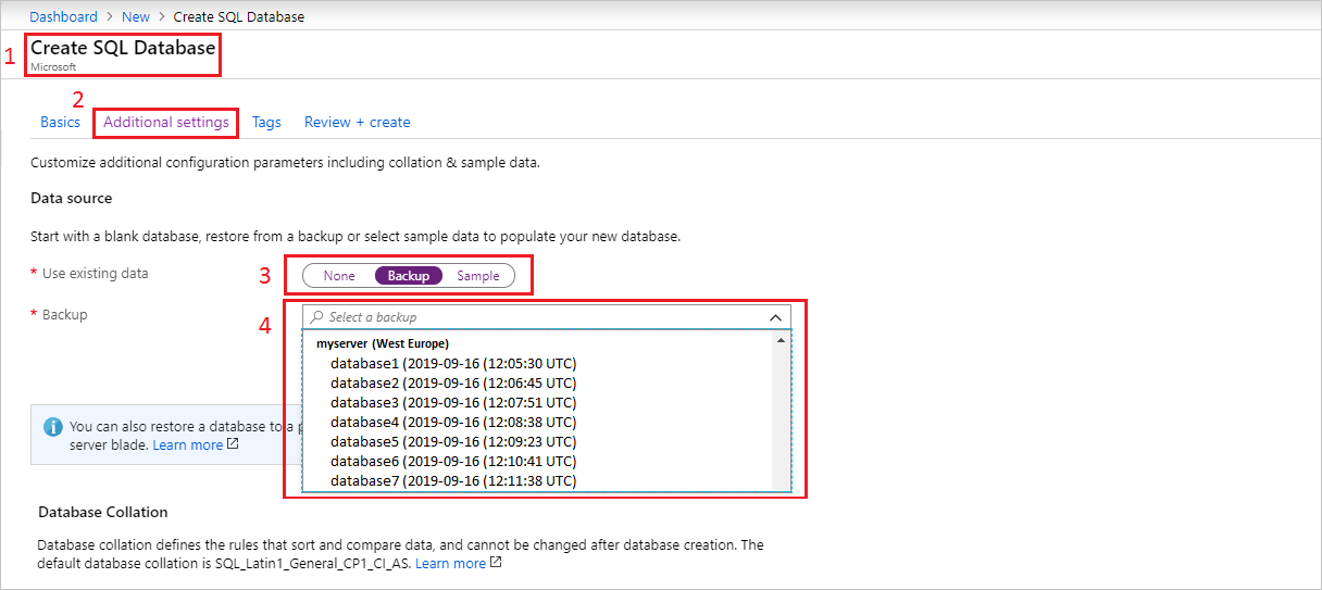 Screenshot of Create SQL Database options