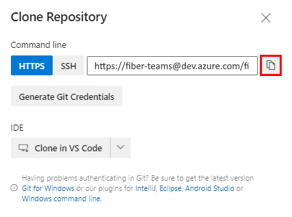 Azure DevOps 專案網站的 [複製存放庫] 彈出視窗螢幕快照。