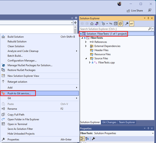Visual Studio 2022 操作功能表中 [推送至 Git 服務] 選項的螢幕快照。
