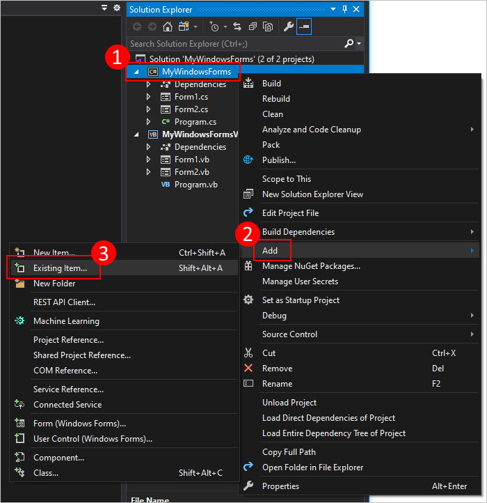 Right click solution explorer to add existing form to windows forms project