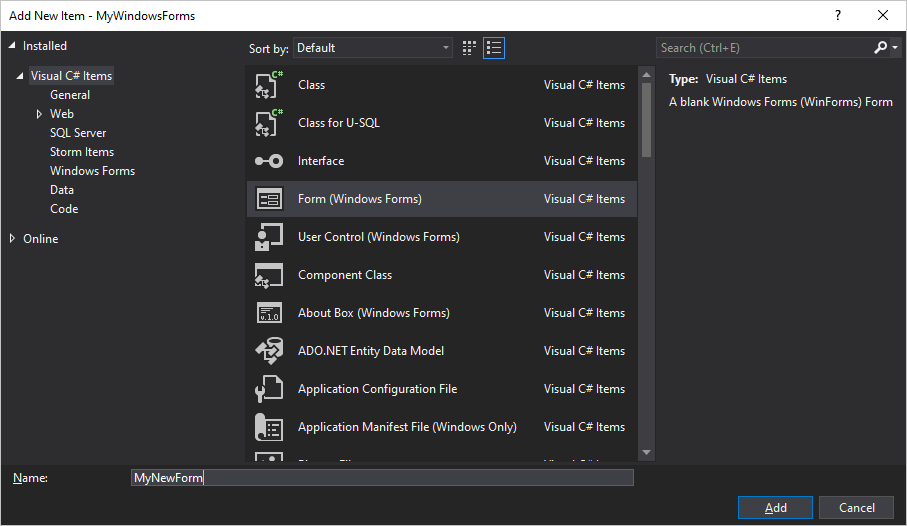 Add item dialog in visual studio for windows forms