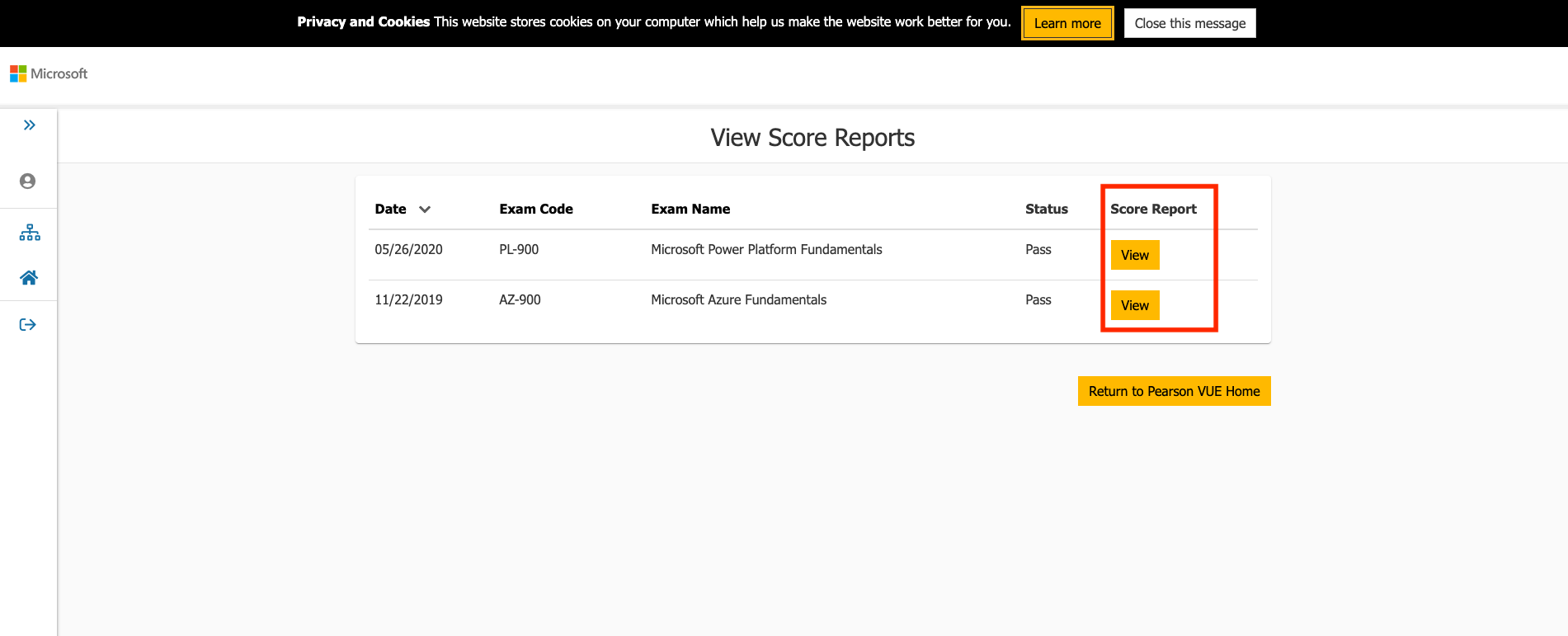 Select View button for score report of specific exam