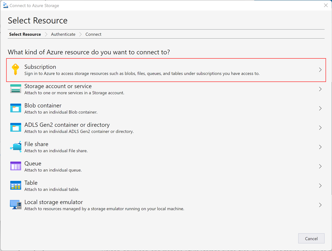 顯示 Azure 儲存體精靈中 [選取資源] 畫面的螢幕擷取畫面。