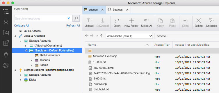 Azure 儲存體總管的螢幕擷取畫面，顯示 Emulator 儲存體帳戶已開啟，其中有一個資料夾和數份文件，另也顯示存取層資訊。