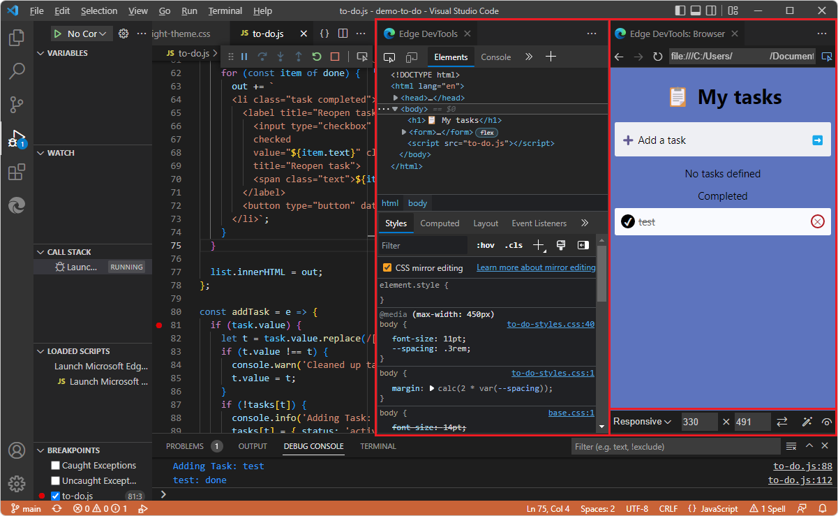 Visual Studio Code中的 Microsoft Edge 開發人員工具和瀏覽器預覽
