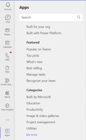 显示用户可以在 Microsoft Teams 中浏览应用的所有位置的屏幕截图。
