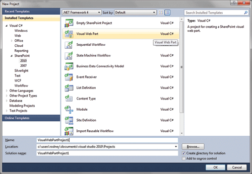 图 10 Visual Studio 2010 中的 SharePoint 可视 Web 部件模板