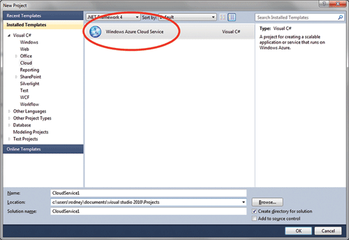 图 11 在 Visual Studio 2010 中选择云项目类型