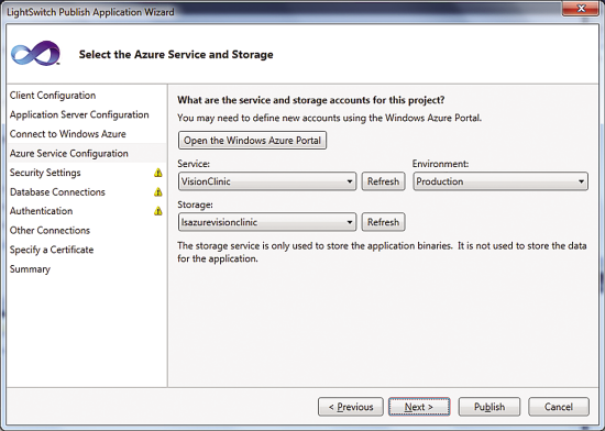 Setting Windows Azure Service and Storage Information While Publishing