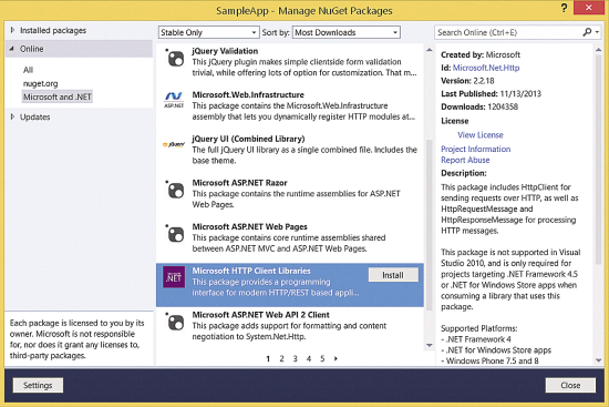 The NuGet Client in Visual Studio 2013