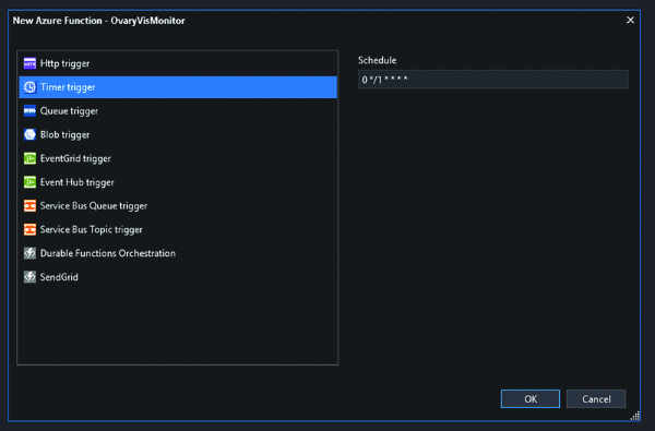 新建 Azure 函数对话框