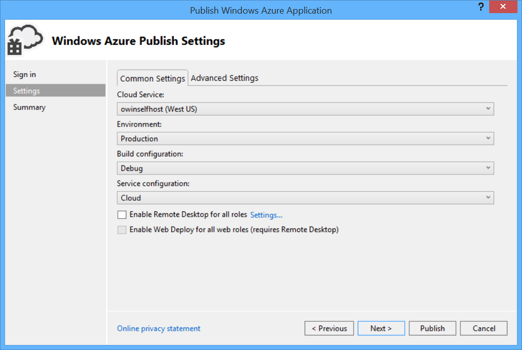 发布新创建的Azure 应用程序，图像示例
