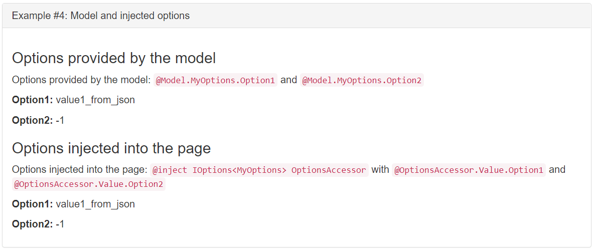 选项值 Option1：value1_from_json 和 Option2：-1 从模型中加载并注入视图。