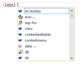 用户键入了一个开始方括号和 HTML 元素名称"label"。 IntelliSense 显示可能的属性列表， (未预先选择任何) 。