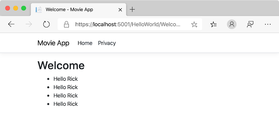 “隐私”视图，显示了 Welcome 标签以及四个“Hello Rick”短语