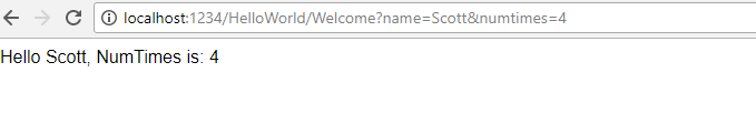 显示 URL 本地主机冒号为 1 2 3 4 正斜杠Hello World正斜杠欢迎问号名称等于 Scott 且 num 次等于 4 的浏览器窗口的屏幕截图。窗口中的文本为 Hello Scott Num Times 为 4。