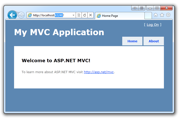 Visual Web 开发人员启动浏览器并打开应用程序主页的屏幕截图。