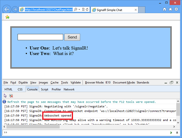 Internet Explorer 中显示 WebSocket 传输的控制台