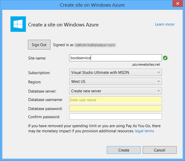 “在 Windows Azure 上创建站点”对话框的屏幕截图，其中以黄色突出显示了“数据库用户名”和“数据库密码”字段。