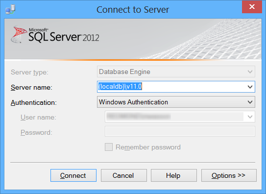 “连接到服务器”对话框的屏幕截图，其中显示了“服务器名称”字段中的“本地 d b v 11 点 0”文本，以蓝色突出显示。