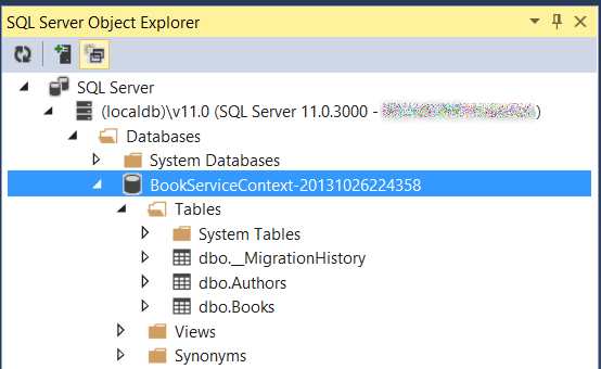 S Q L Server 对象资源管理器的屏幕截图，其中显示了文件夹层次结构，其中以蓝色突出显示了“书籍服务上下文”项。